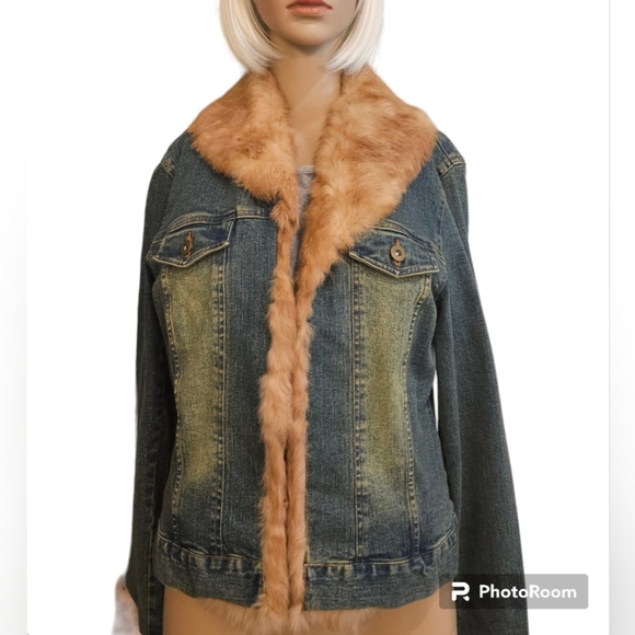Sheri Bodell Jackets & Blazers - Denim Jean Jacket with Rabbit Fur Trim sz Large